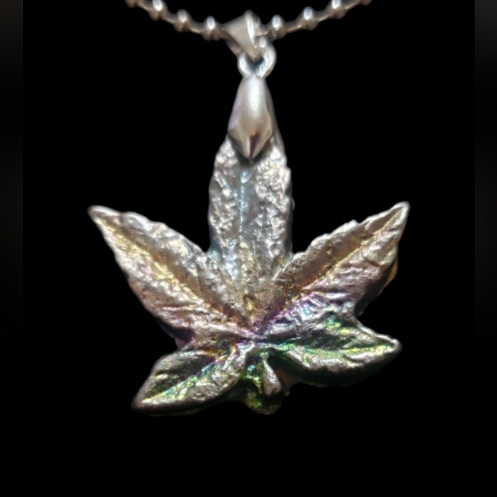 Bismuth Pot Weed Leaf Pendant Necklace